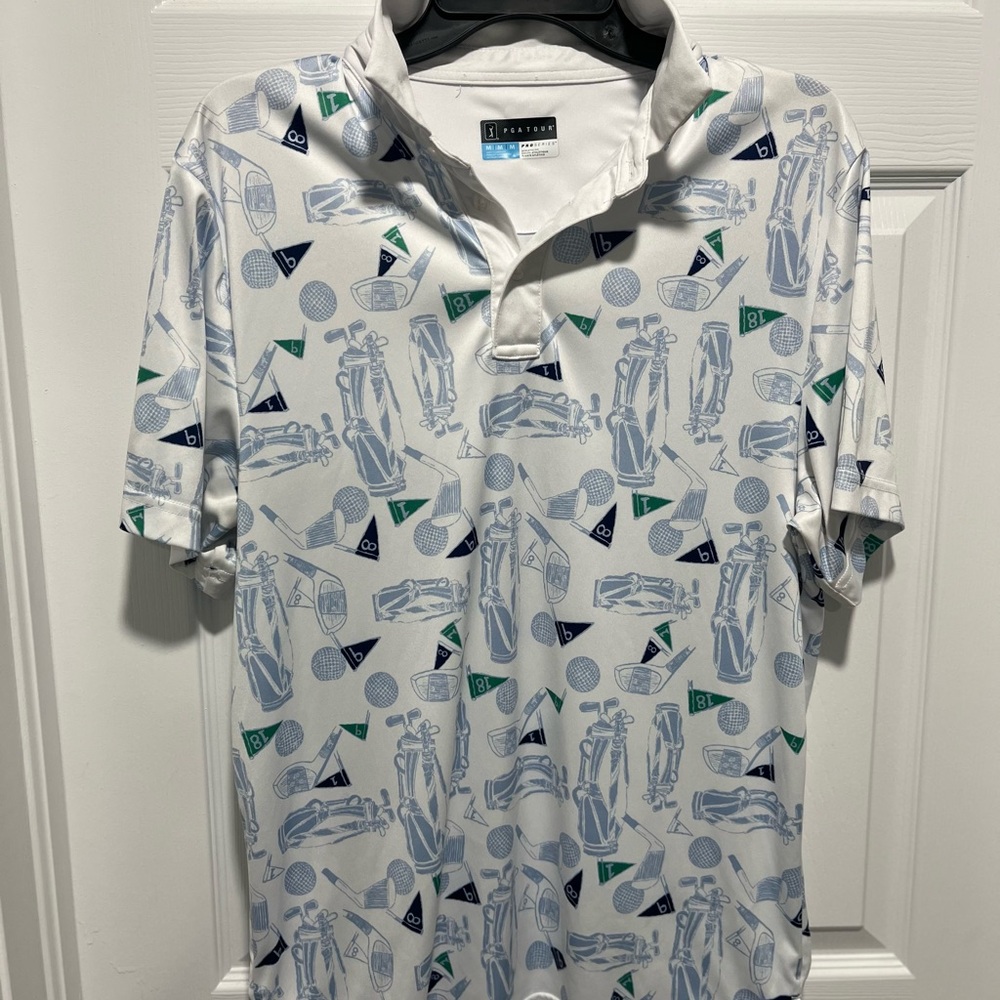 Golf Print Polo Shirt - White and Blue